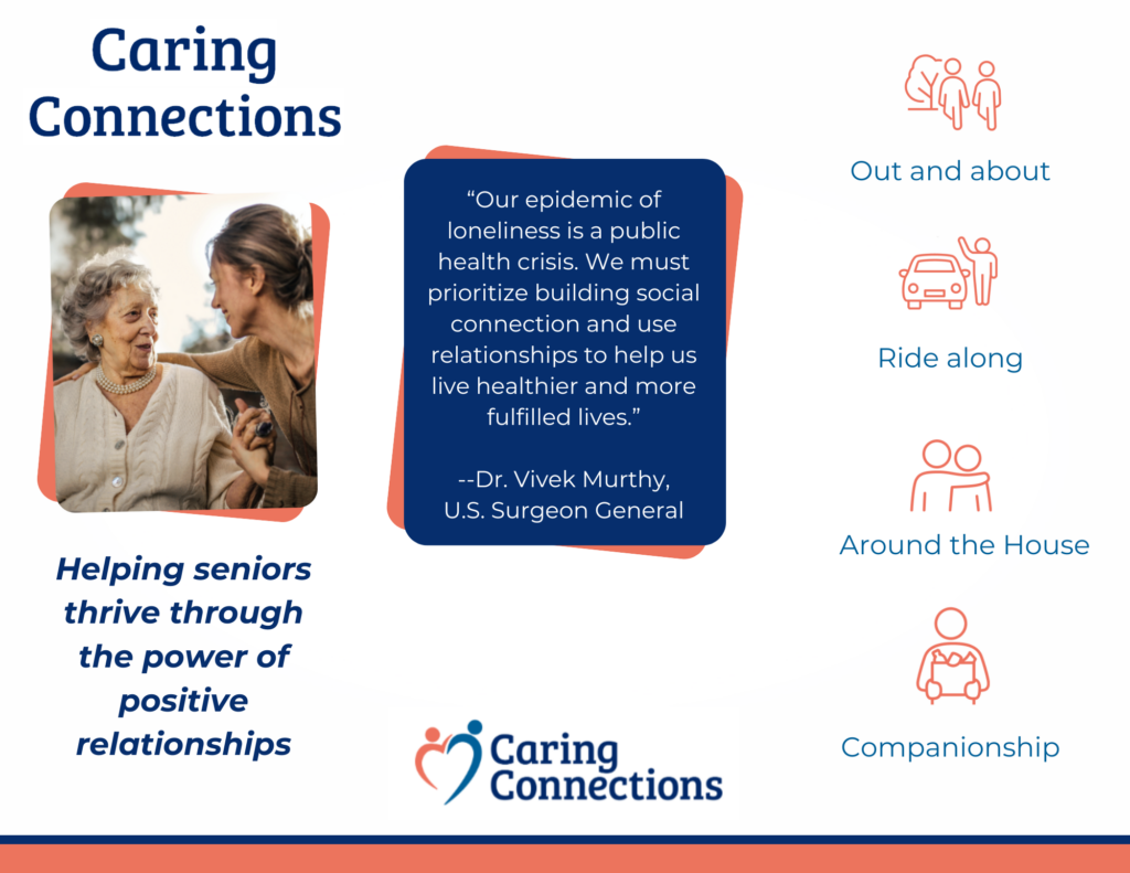 CaringConnections brochure with what they do, "Helping seniors thrive through the power of positive relationships", and the dangers of loneliness, "“Our epidemic of loneliness is a public health crisis. We must prioritize building social connection and use relationships to help us live healthier and more fulfilled lives.” Dr. Vivek Murthy, U.S. Surgeon General"."
