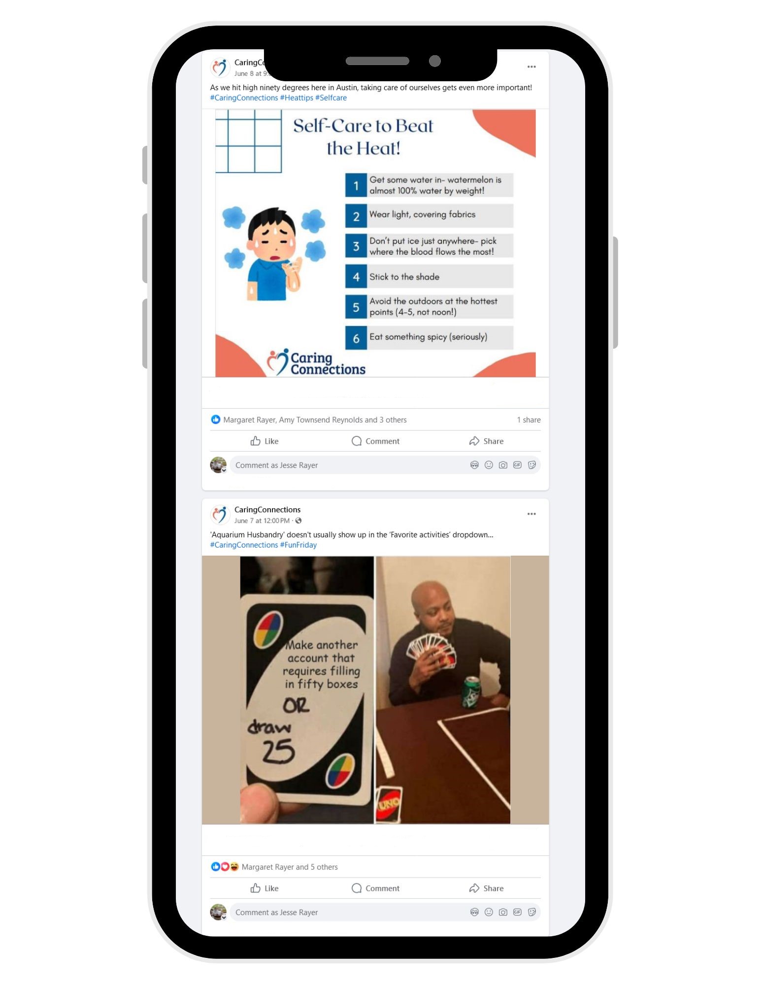 A screenshot of CaringConnection's Facebook page inside a phone. Images include tips to beat the heat and a meme about creating profiles online.
