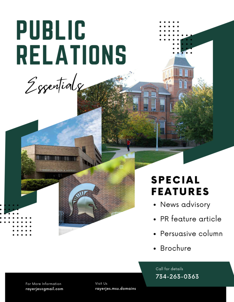 Public Relations Essentials flyer, featuring a news advisory, PR feature article, persuasive column, and a brochure