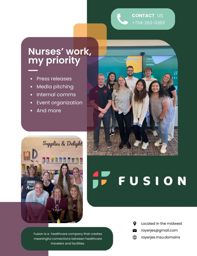 Fusion medical staffing flyer. Includes press releases, media pitching, internal comms, event organization, and more.