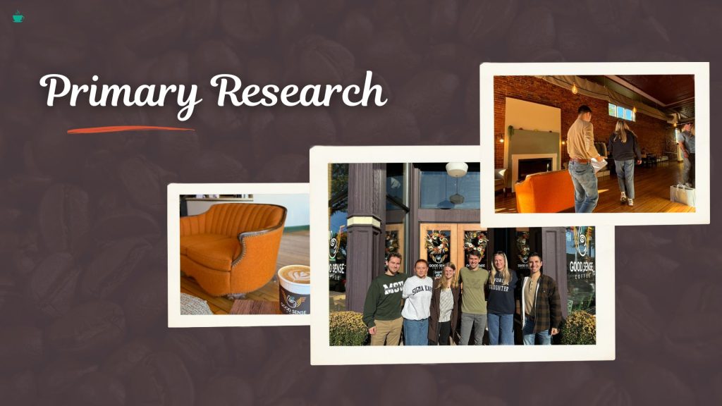 Image collage representing the primary research- group shot with Ian from Good Sense, two of our interviewees walking, and a picture of the couch at the cafe.
