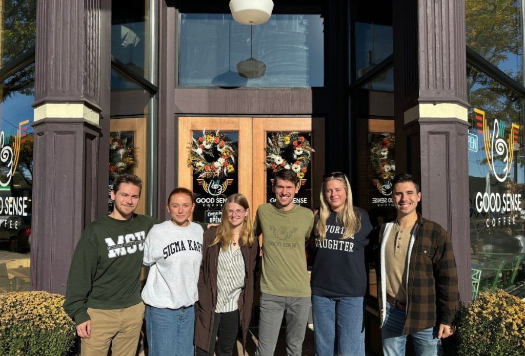 Group photo of Five Star PR capstone group. From left to right, Jason Morris, Lexi Shinkel, JesseMae Rayer (me), Ian Boyle (owner of Good Sense), Kara Sigler, and Austin Winchester.