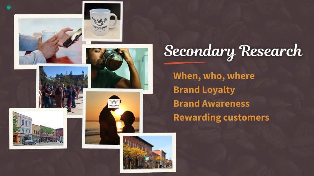 Image collage of secondary research slides- when, who, where, brand loyalty, brand awareness, and rewarding customers.